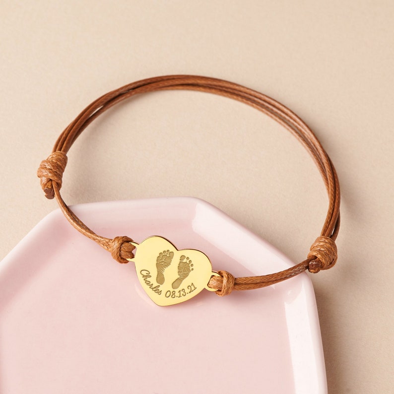 Baby Footprint Leather Bracelet - Heart